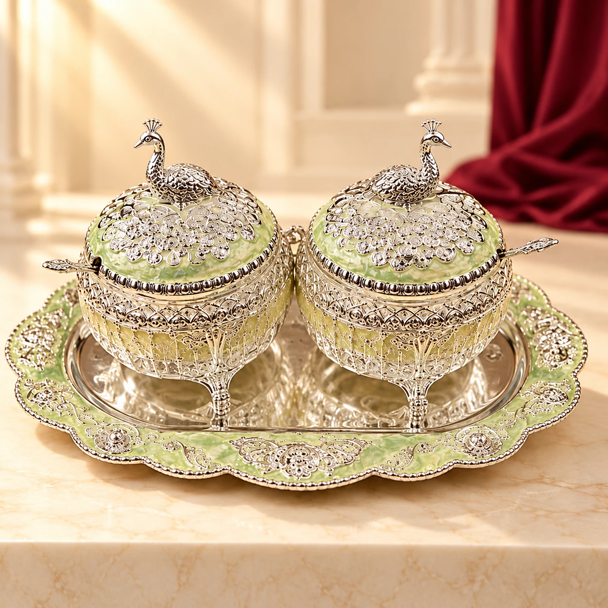 Pistachio peacock jars and tray in an ivory setting